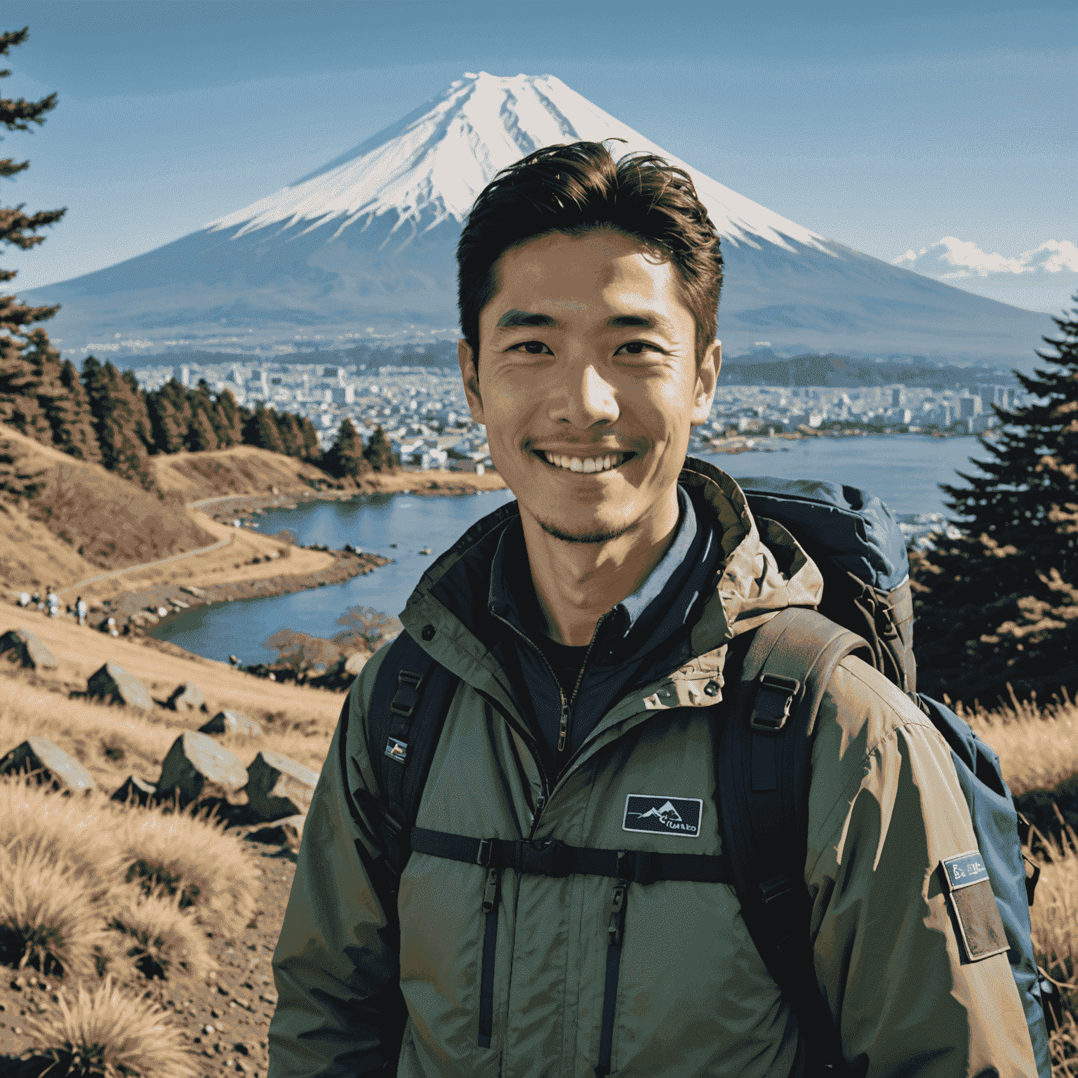 山田太郎の笑顔の写真。背景には富士山が見える。彼は登山用のジャケットを着て、カメラを持っている。