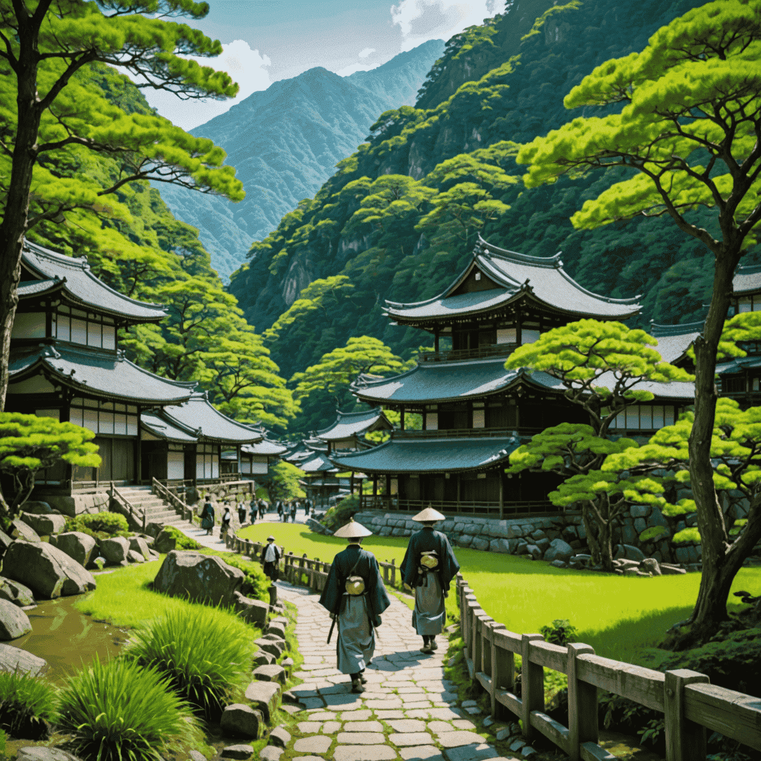 四国八十八箇所の風景。緑豊かな山々と古刹が点在する美しい景色。遍路姿の人々が歩く様子。