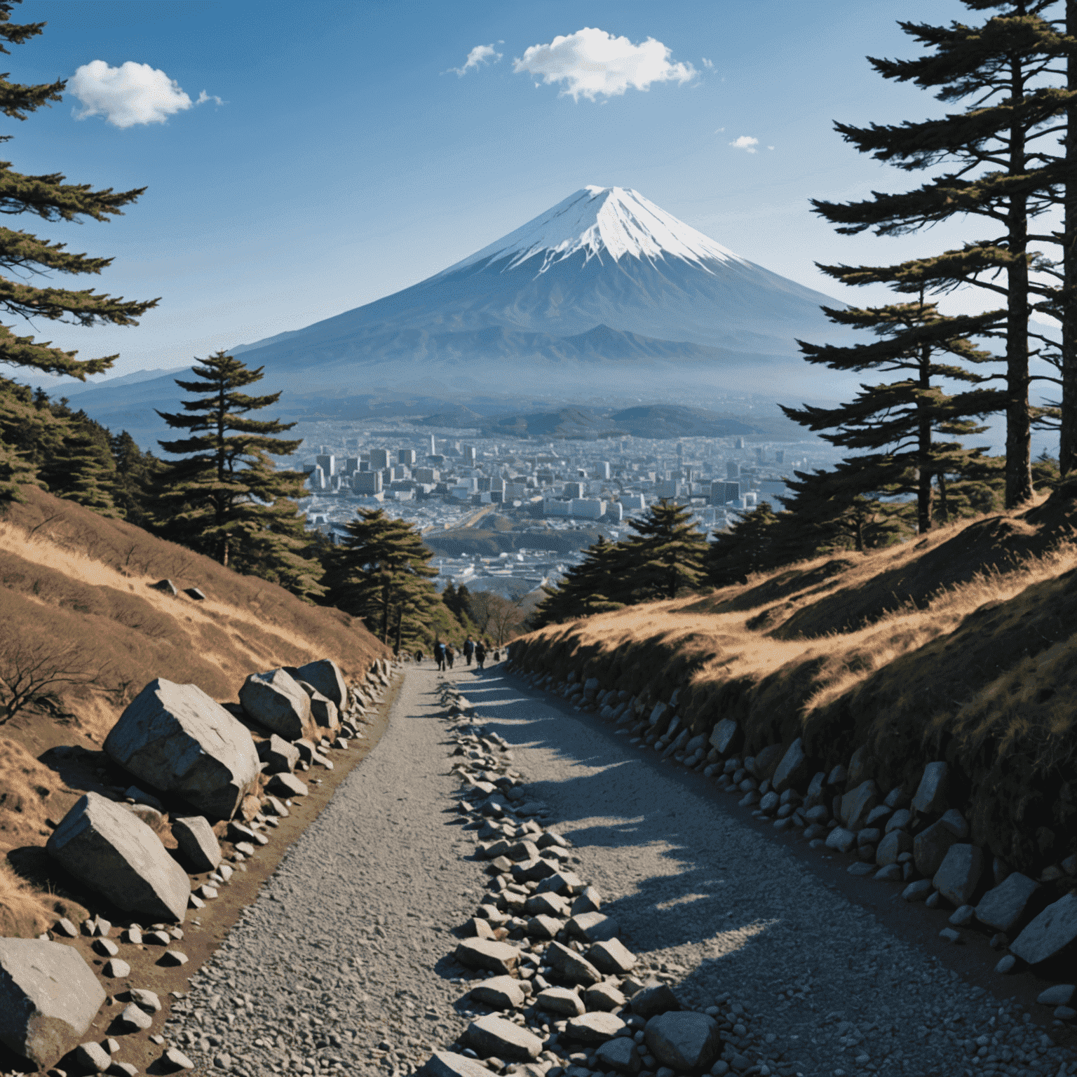 富士山の五合目から六合目への登山道。岩場と砂利道が続き、遠くに富士山頂が見える。