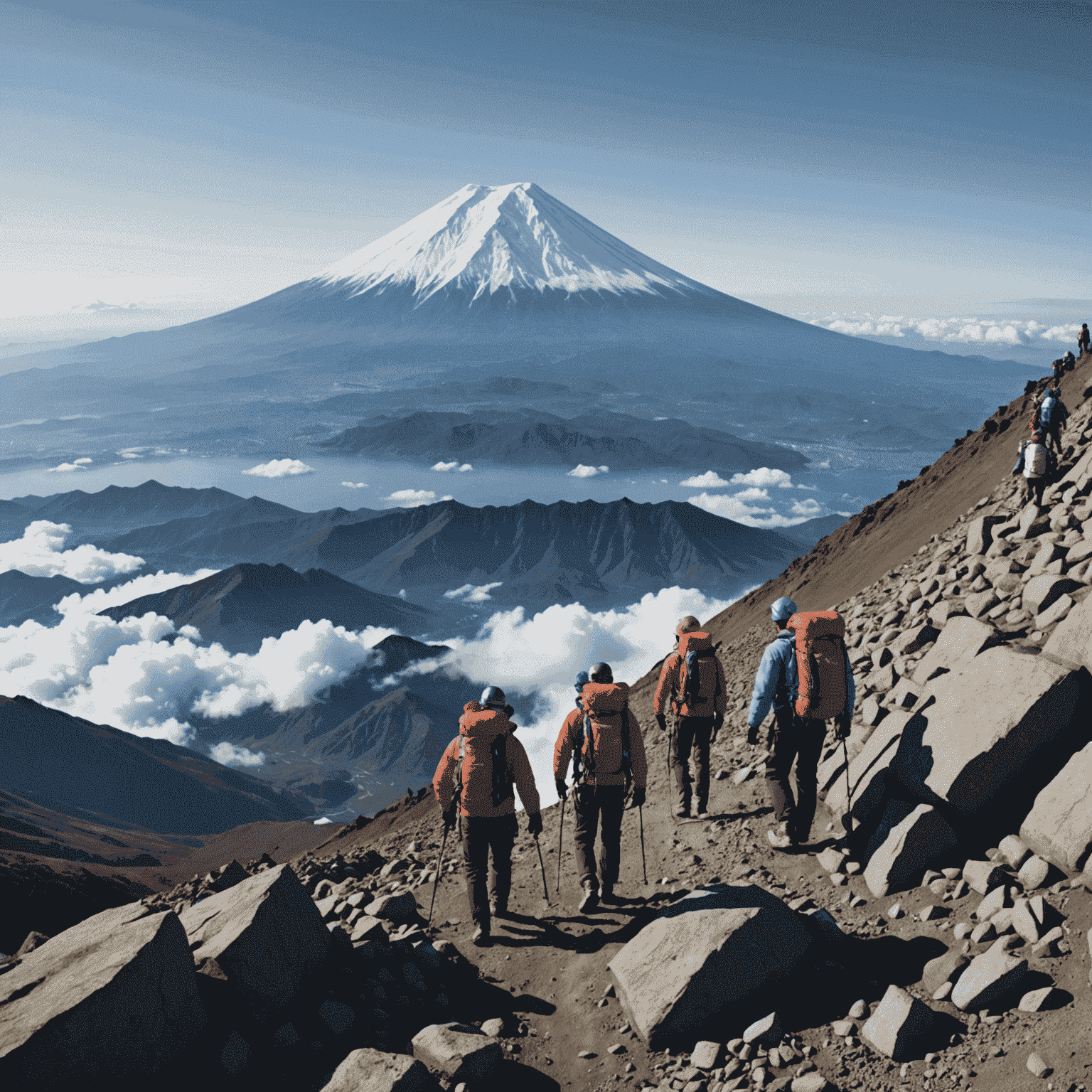 富士山頂を目指す登山者たち。岩場と急な斜面が続き、遠くに雲海が広がる。